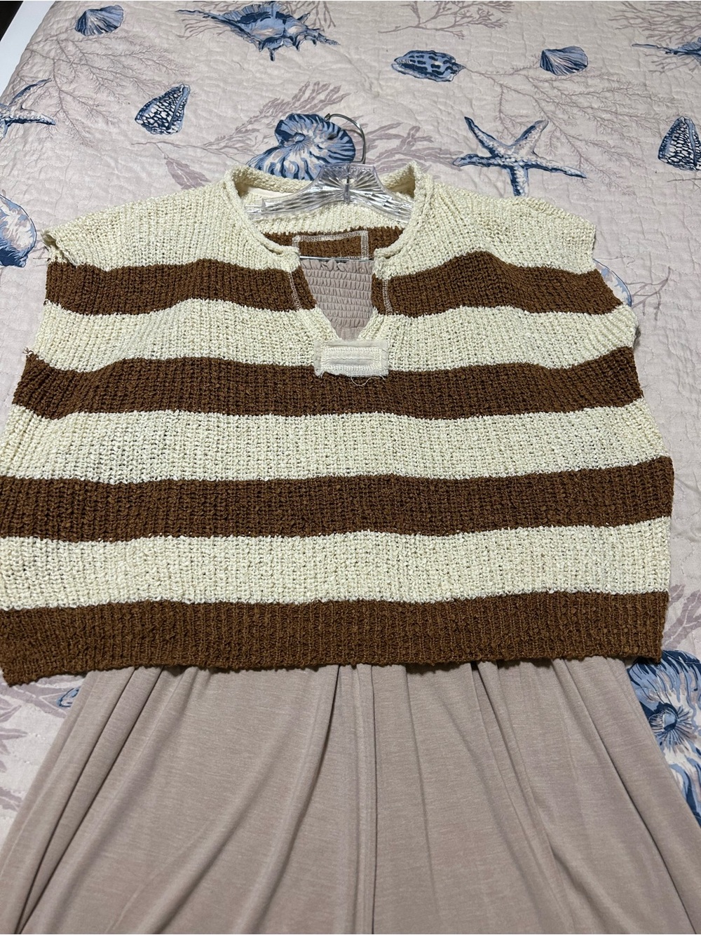 Zenana Outfitters Cream and Brown Striped Knit Sweater Vest & Pants Set.